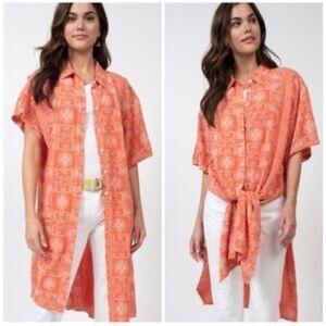Ivy Jane Orange & White Embroidered Short Sleeve Button Down Tunic Style# 150035